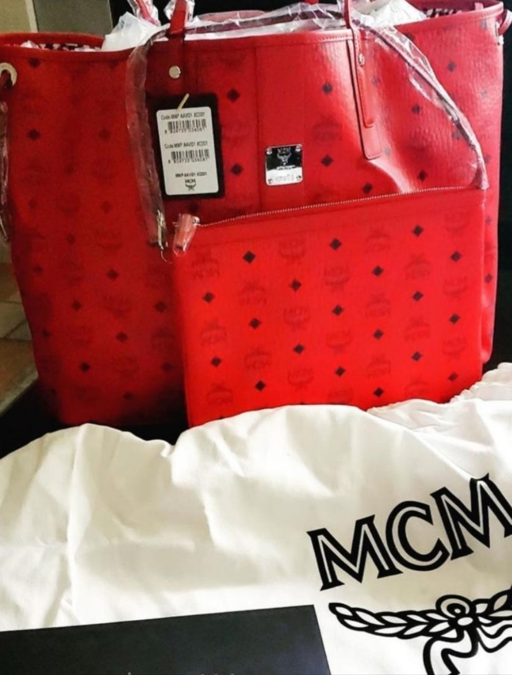 MCM Bright Red Large Shopper Logo-Print Tote *WITHOUT* Matching Pouch